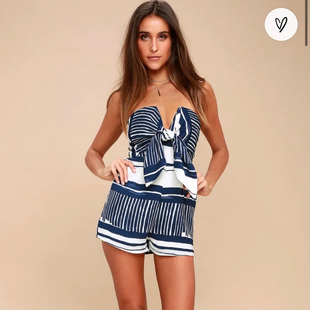 Delphi Blue and White Striped Tie-Front Strapless Romper